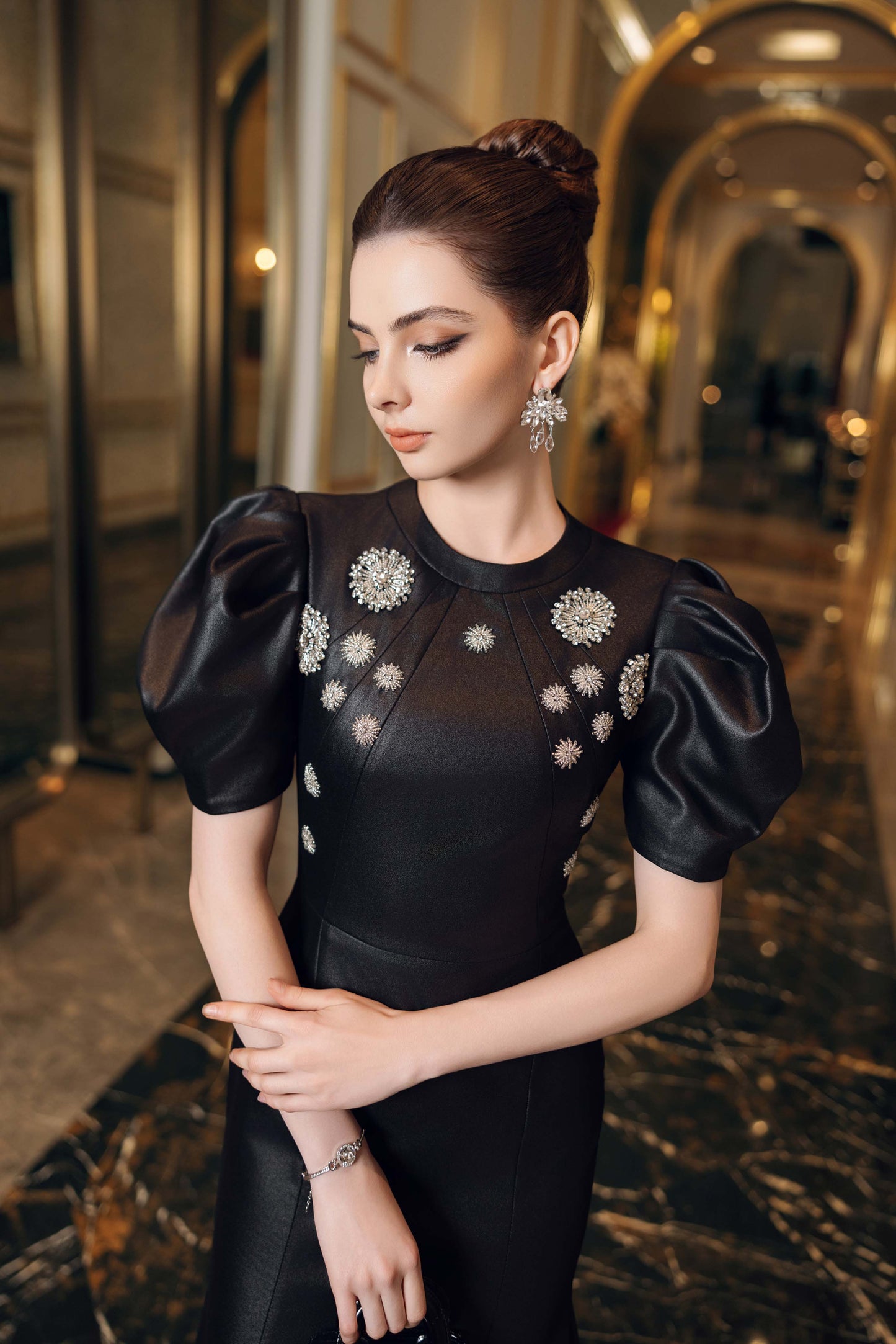 Black Faux-Leather Midi Dress – Puff Sleeve A-Line Gown with Embellishments