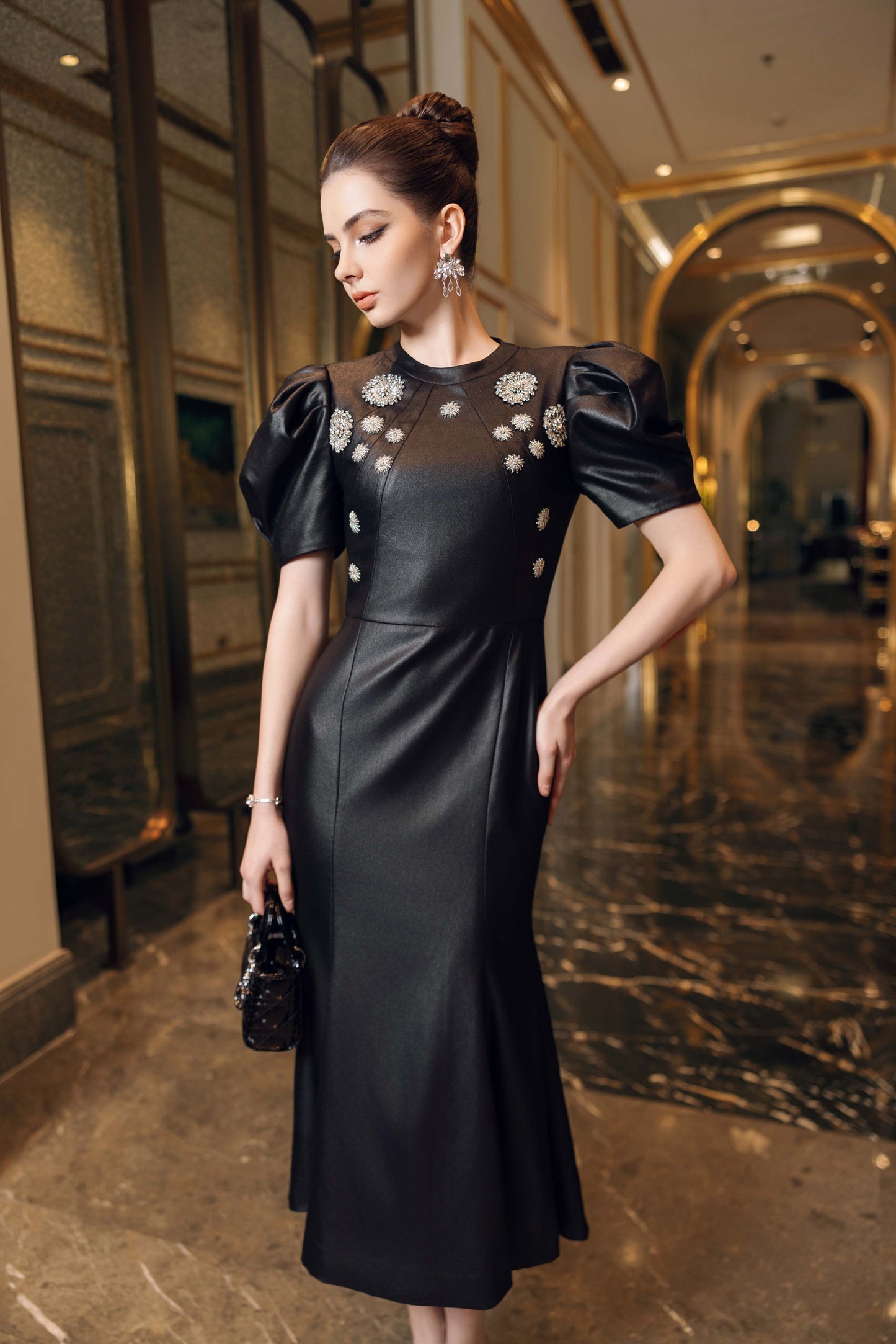 Black Faux-Leather Midi Dress – Puff Sleeve A-Line Gown with Embellishments