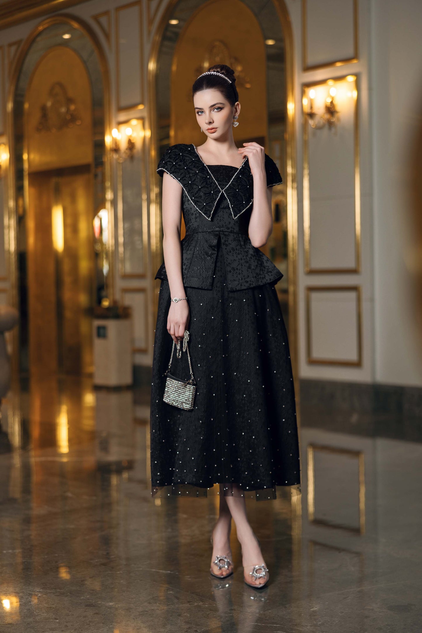 Black Embellished Evening Gown with Peplum Detailing