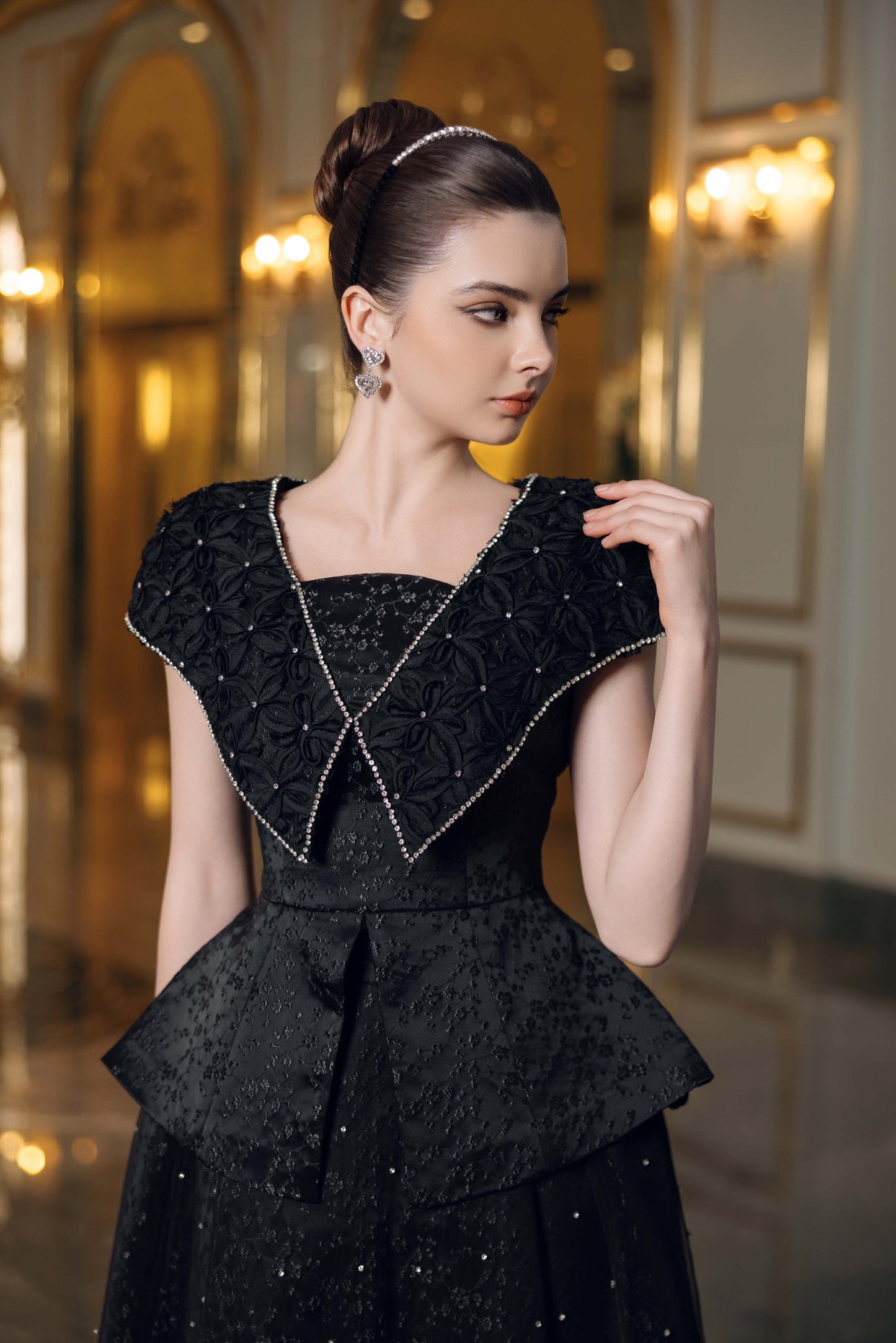 Black Embellished Evening Gown with Peplum Detailing