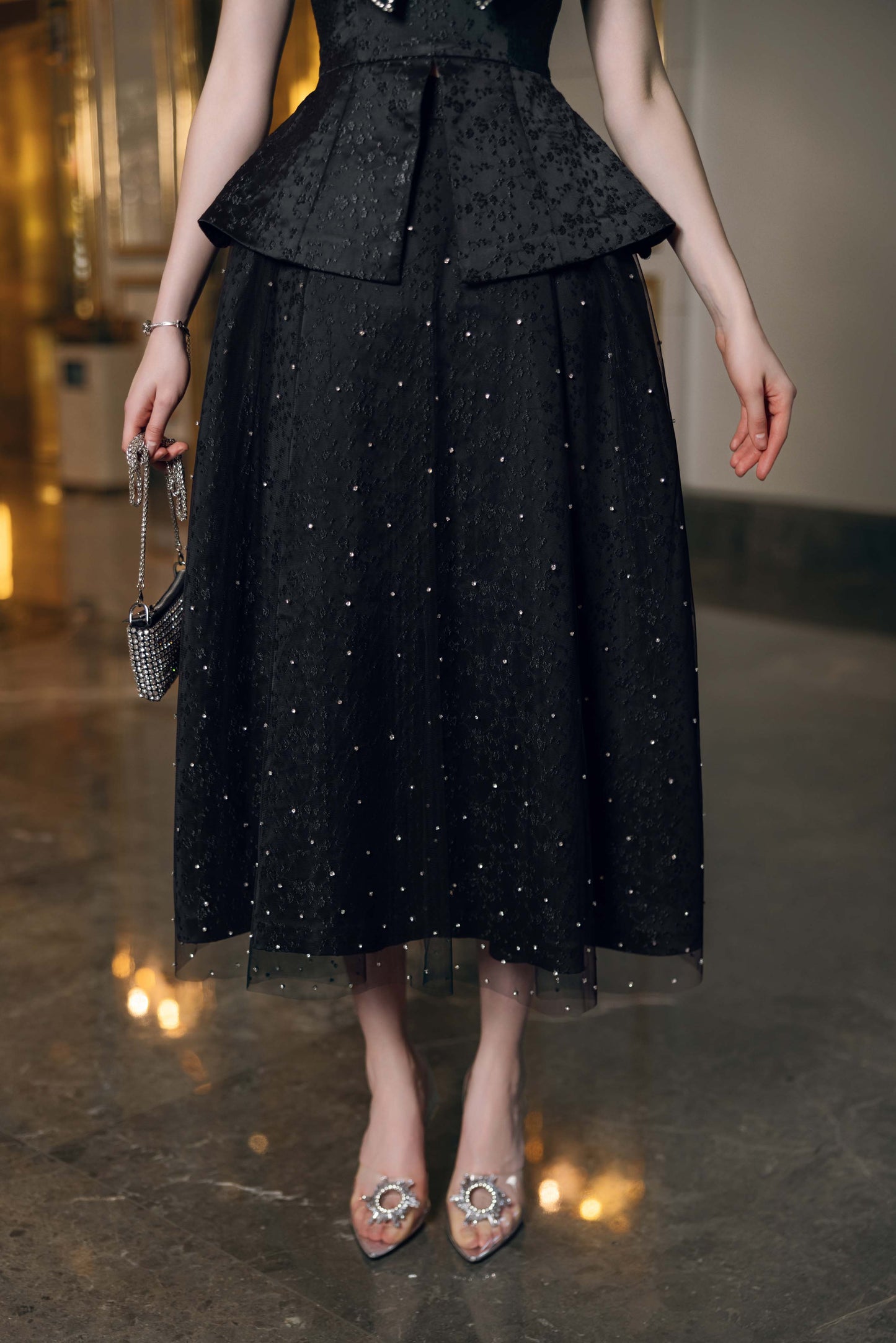Black Embellished Evening Gown with Peplum Detailing