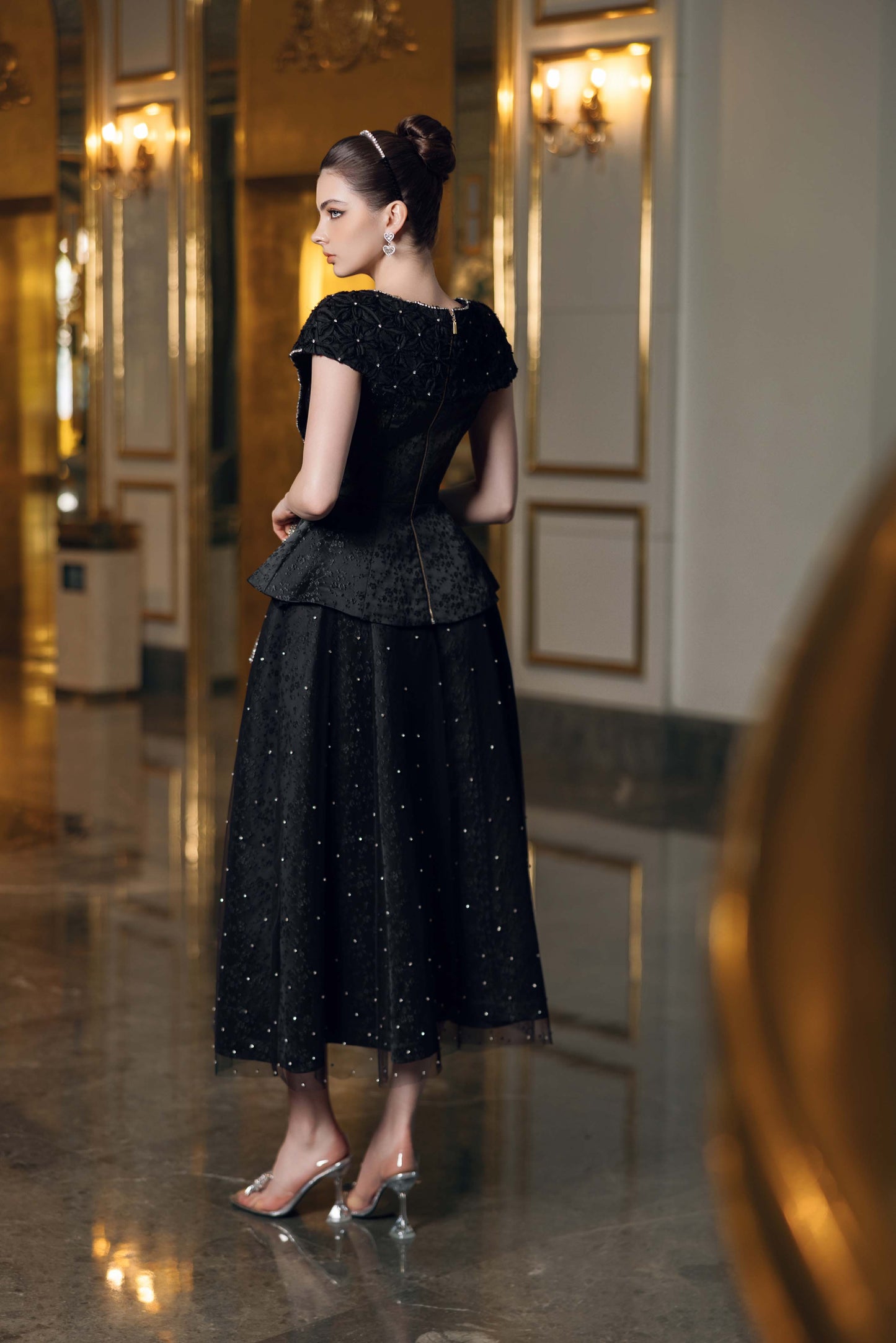 Black Embellished Evening Gown with Peplum Detailing