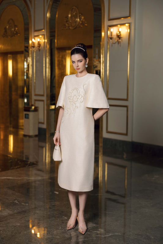 Ivory Midi Dress with Floral Bead Embroidery