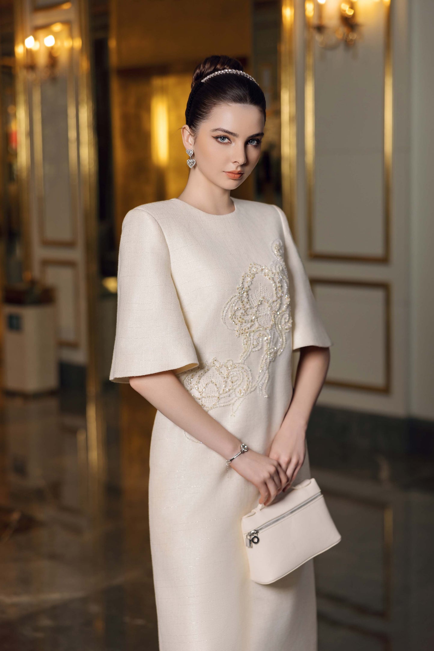 Ivory Midi Dress with Floral Bead Embroidery