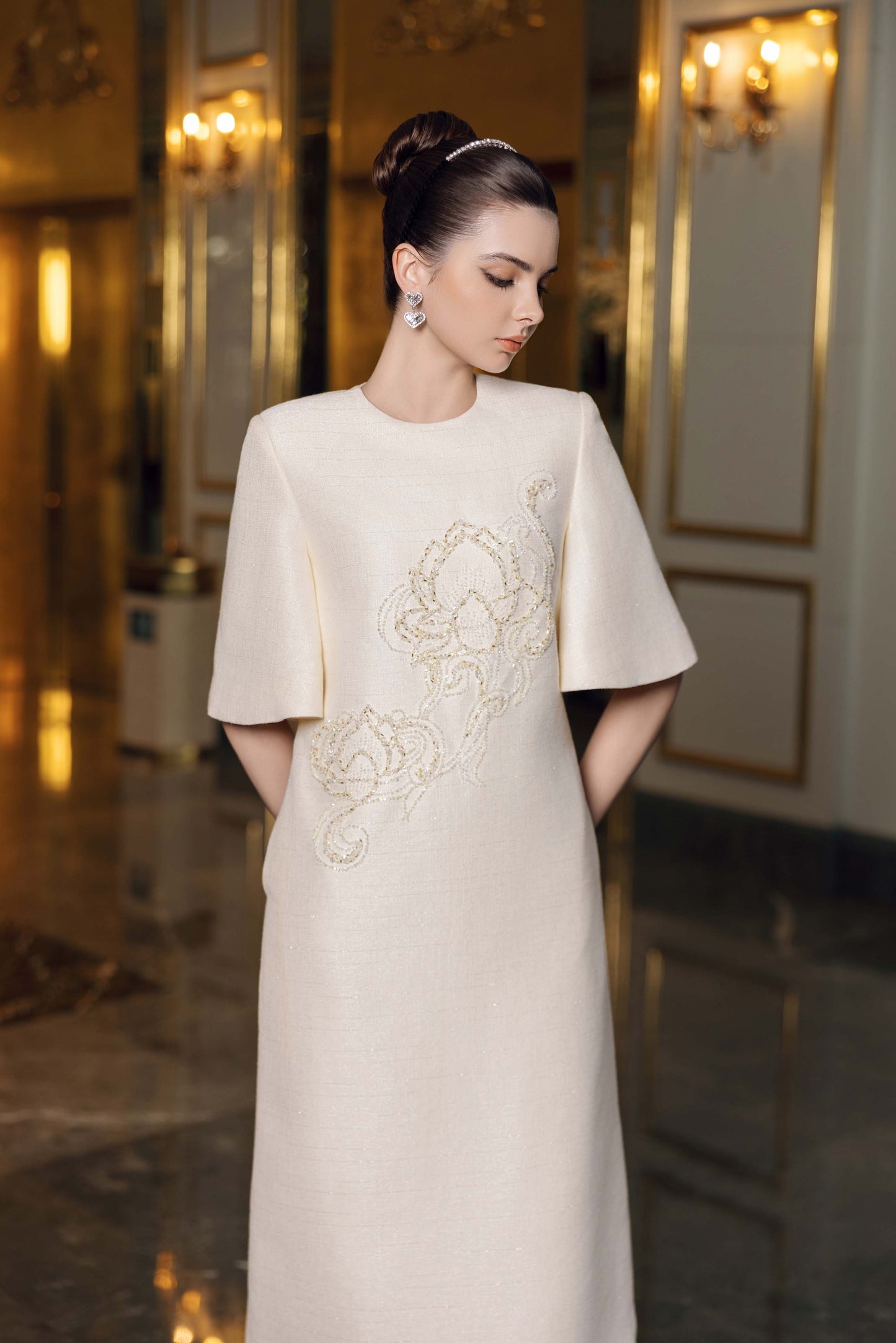 Ivory Midi Dress with Floral Bead Embroidery