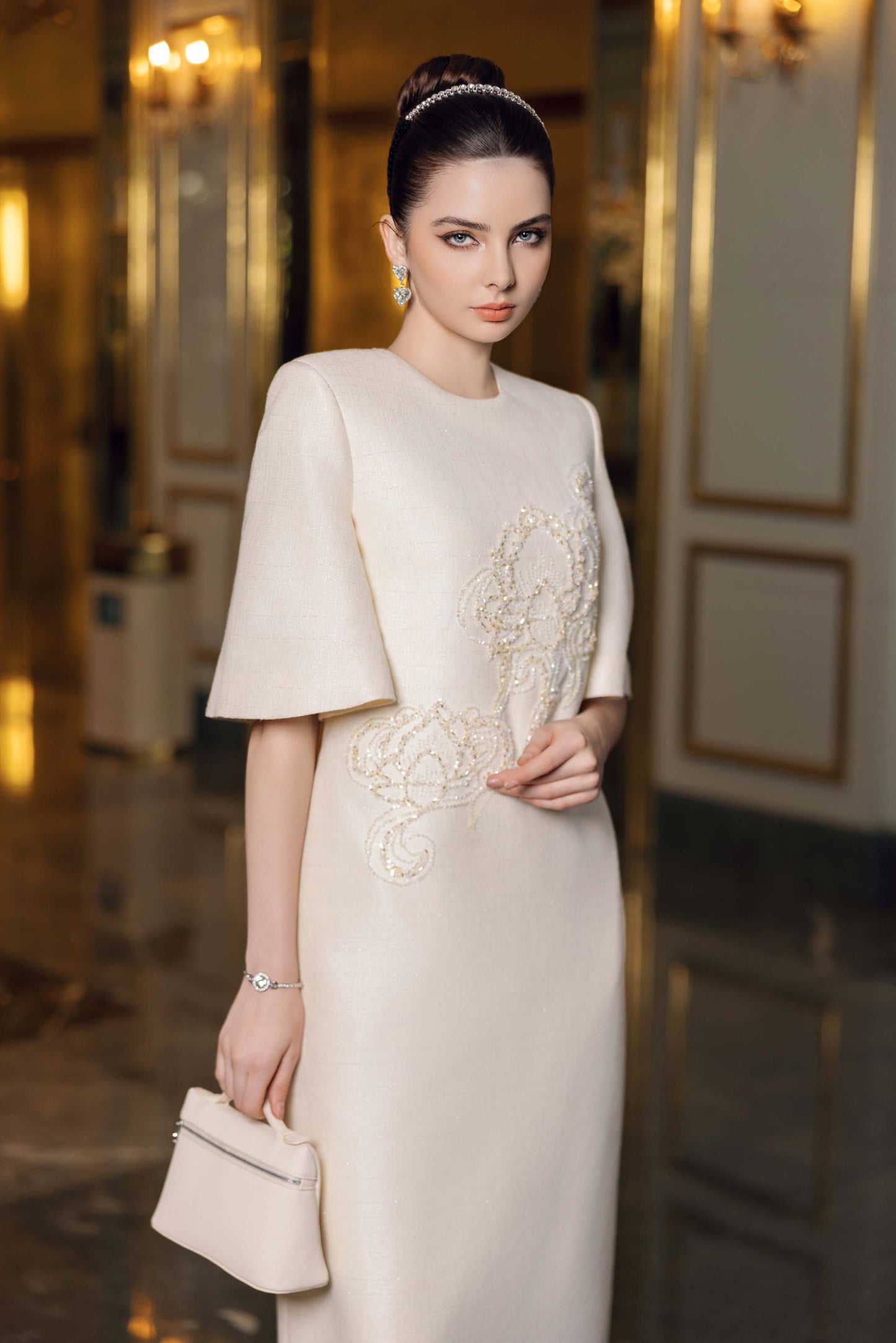 Ivory Midi Dress with Floral Bead Embroidery