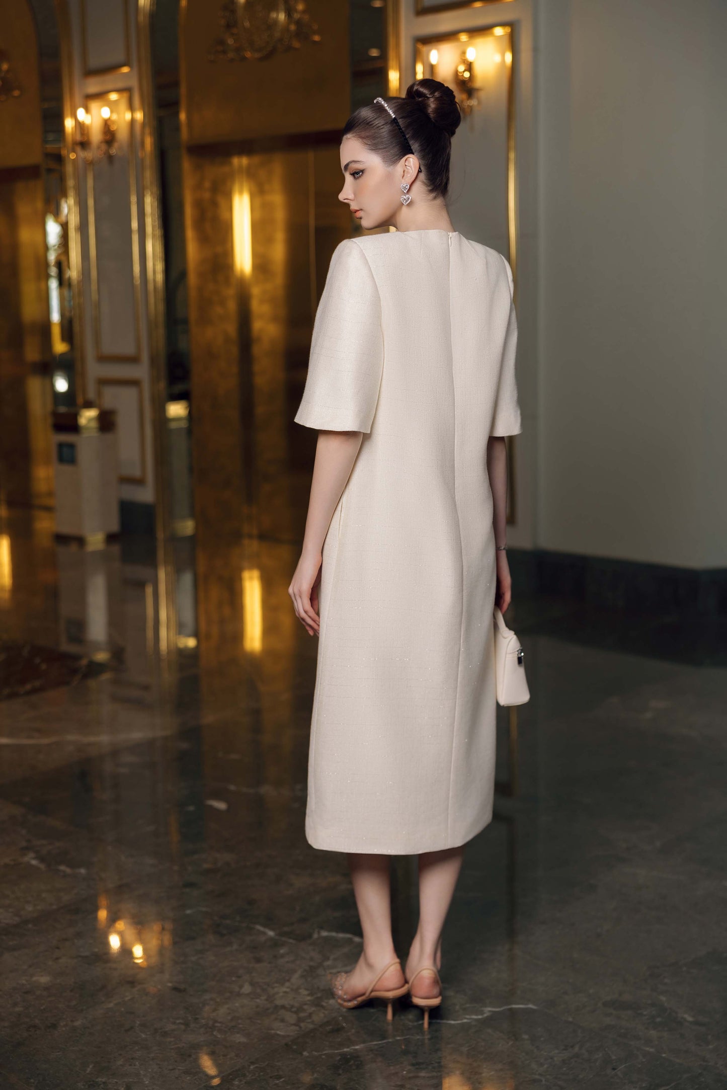 Ivory Midi Dress with Floral Bead Embroidery