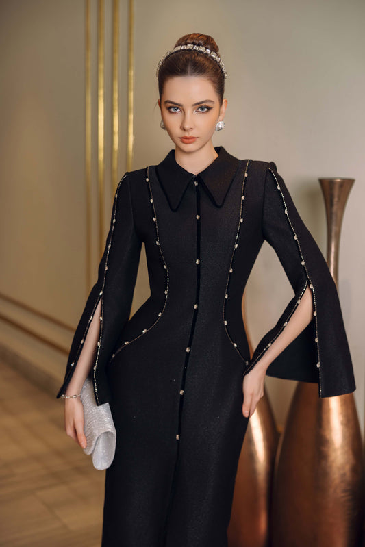 Black Midi Cape Dress with Beaded Detailing