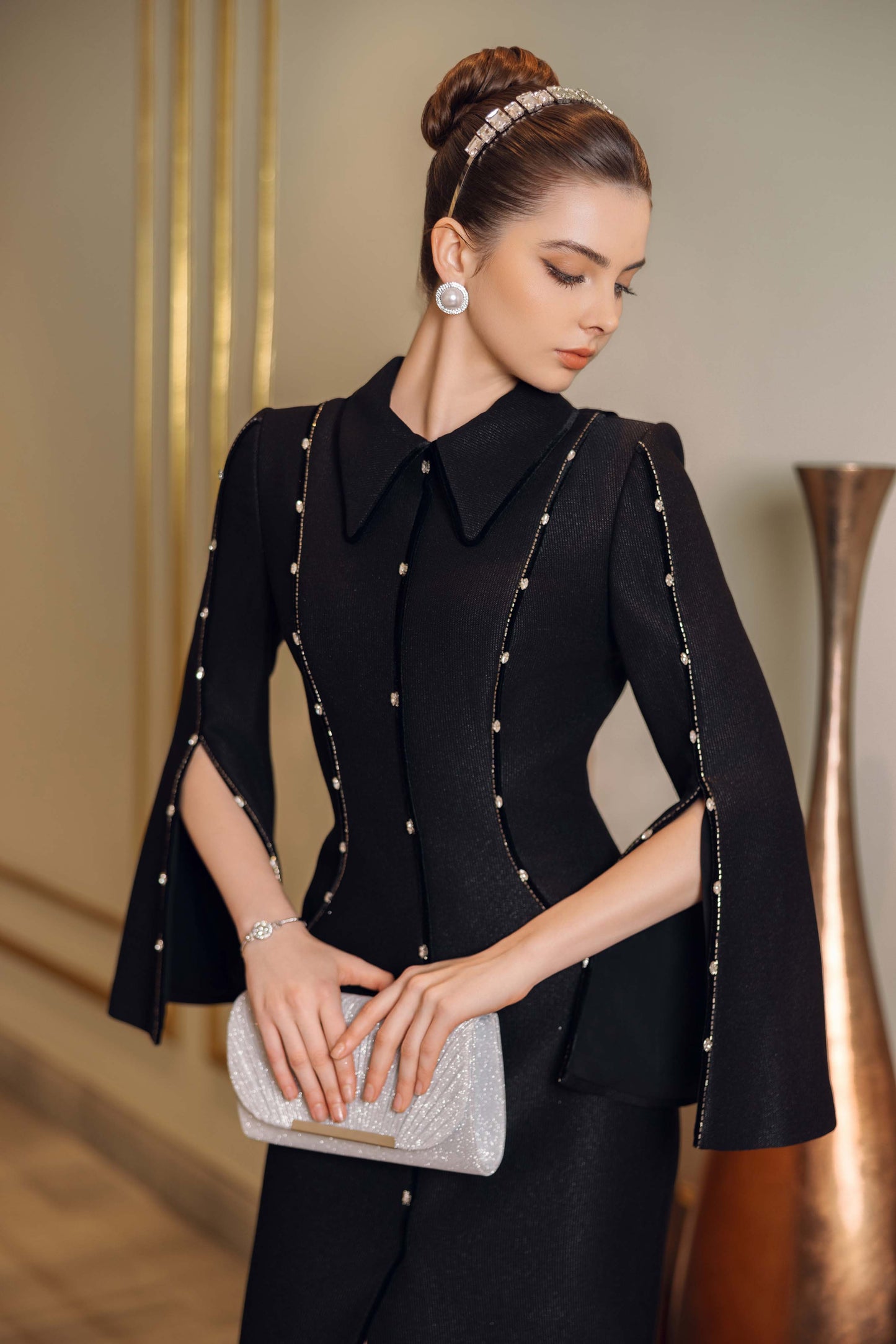 Black Midi Cape Dress with Beaded Detailing