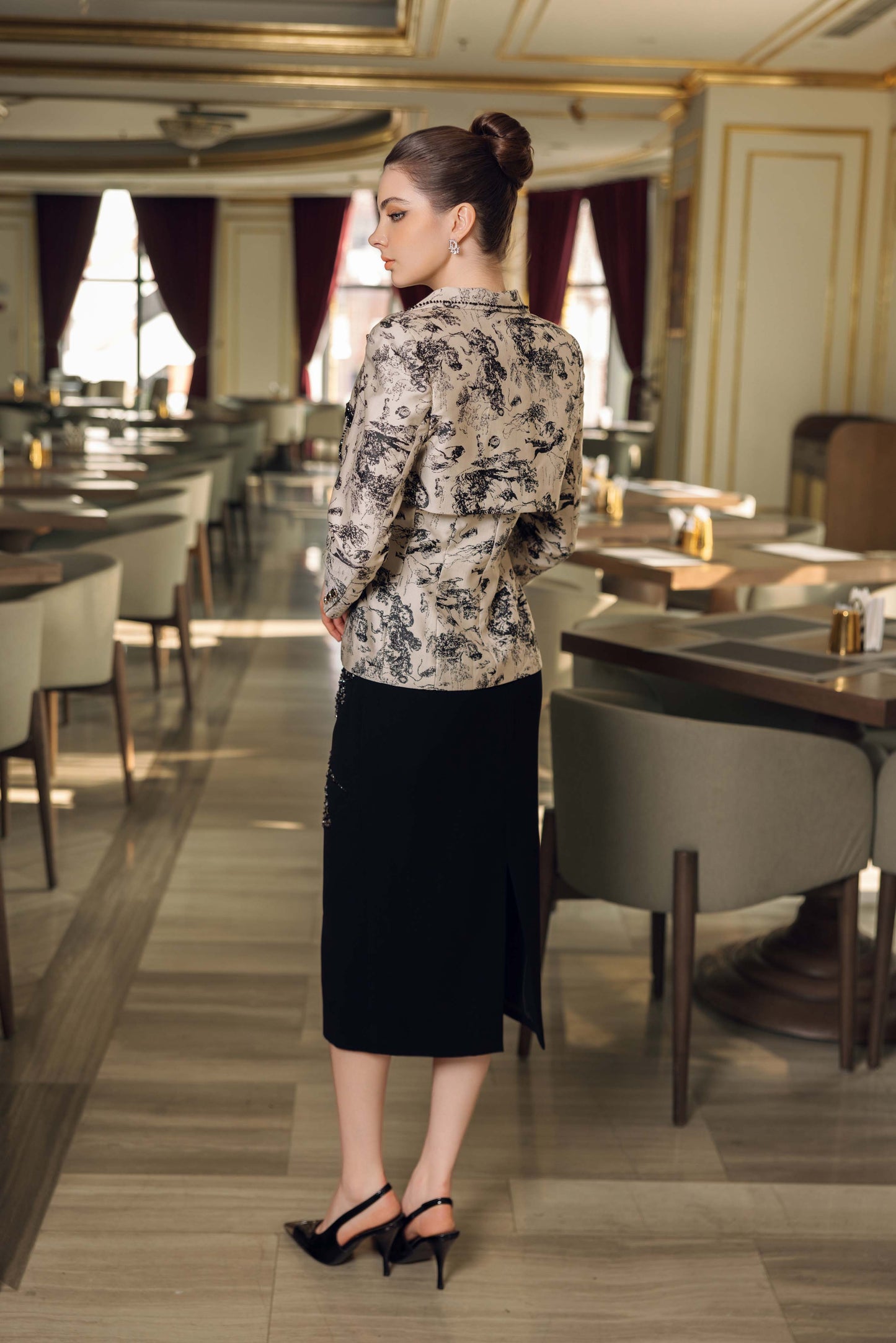 Luxury Brocade Blazer & Embellished Black Midi Skirt Set