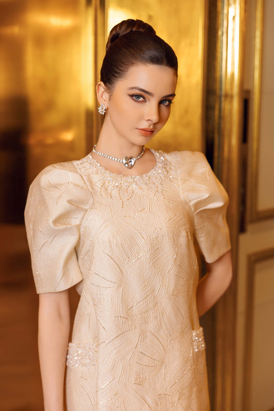 Champagne A-Line Dress with Puff Sleeves & Embellished Pockets