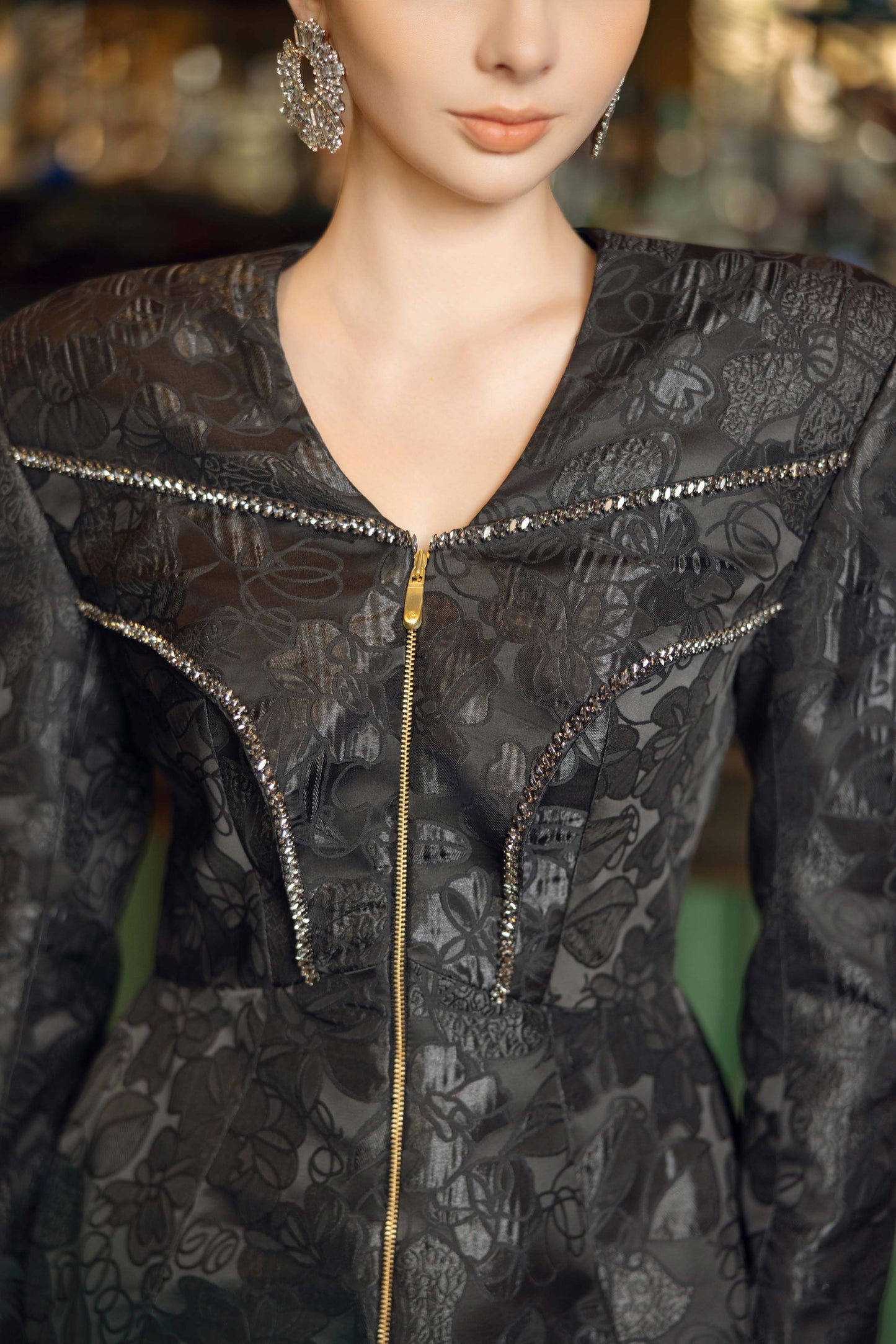 Black Jacquard Peplum Jacket and Midi Skirt Set