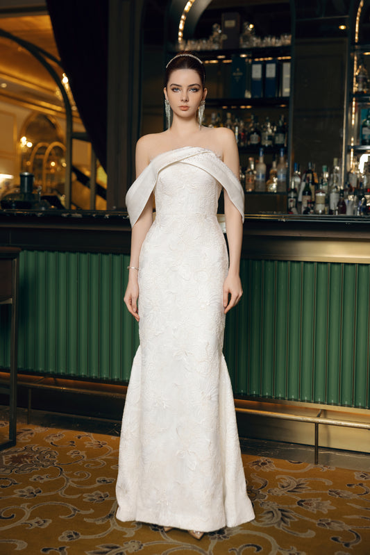 Off-Shoulder Embroidered White Evening Gown