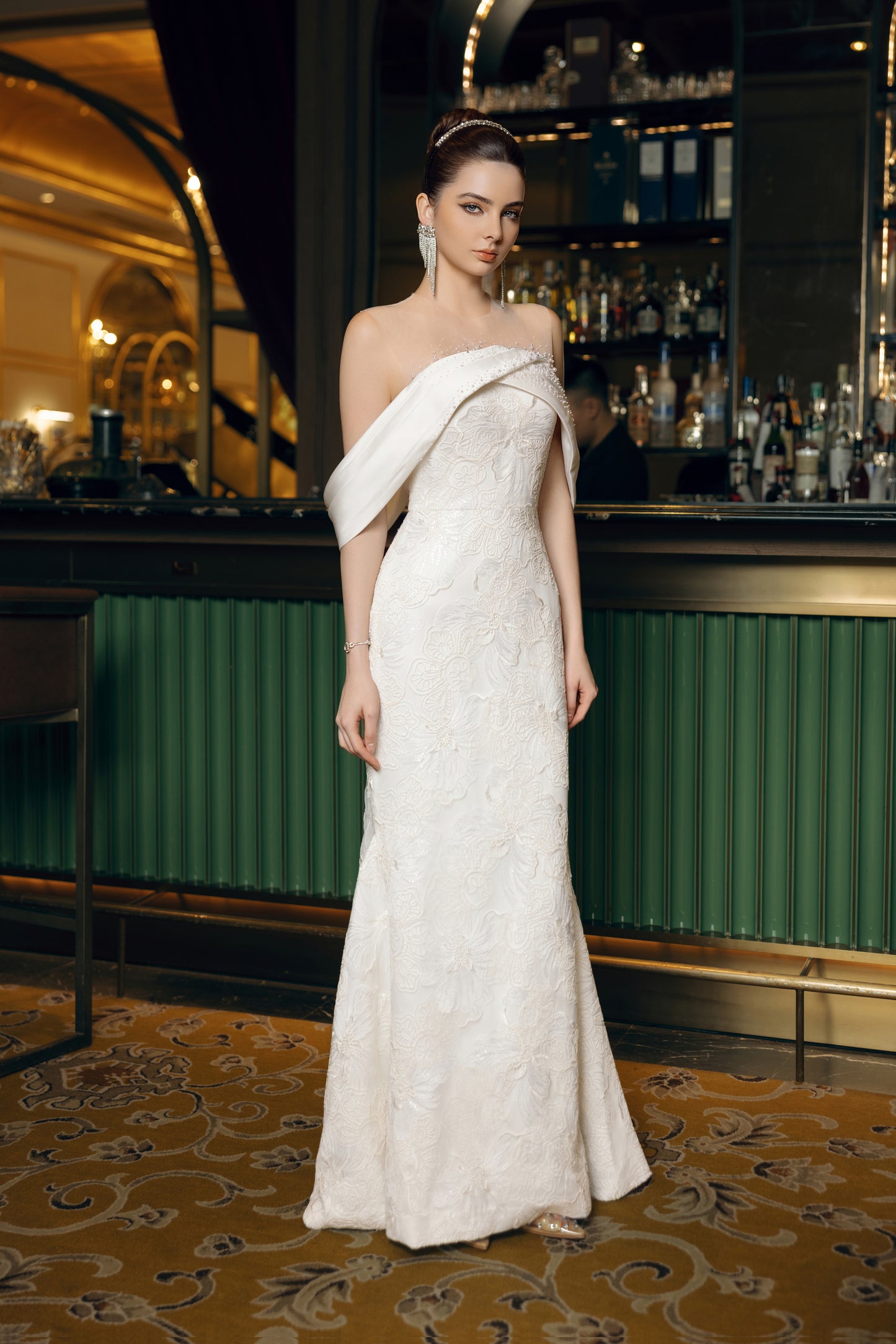 Off-Shoulder Embroidered White Evening Gown