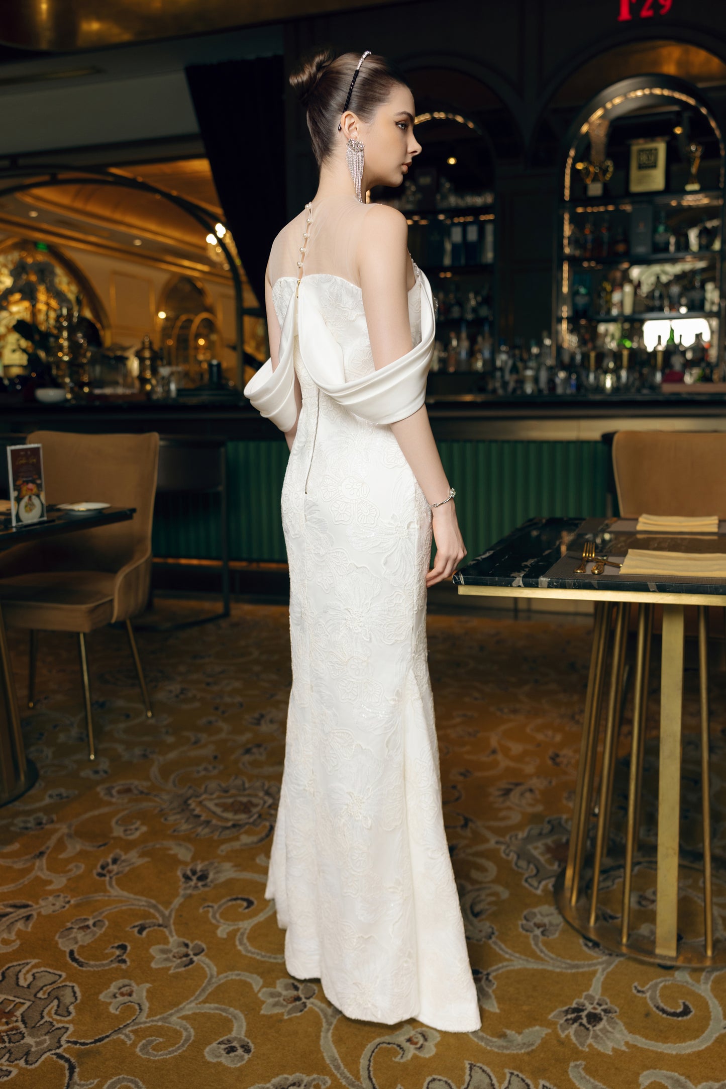 Off-Shoulder Embroidered White Evening Gown