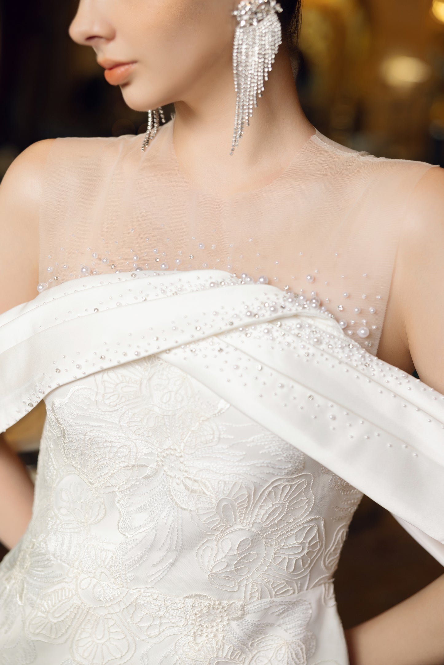 Off-Shoulder Embroidered White Evening Gown