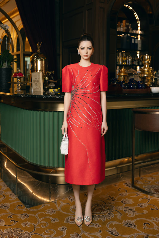Scarlet Radiance Midi Dress with Crystal Burst Design