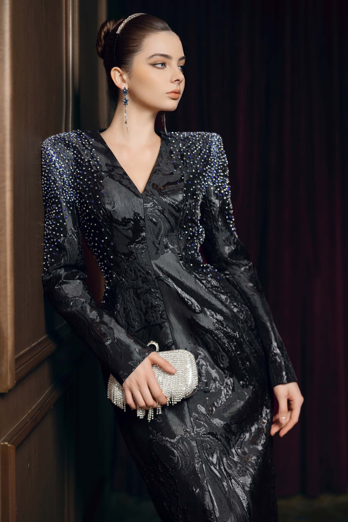 Black Embellished Long-Sleeve Evening Gown with Structured Shoulders