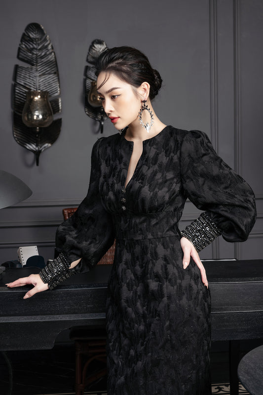 Black Midi Dress with Textured Fabric and Statement Cuffs