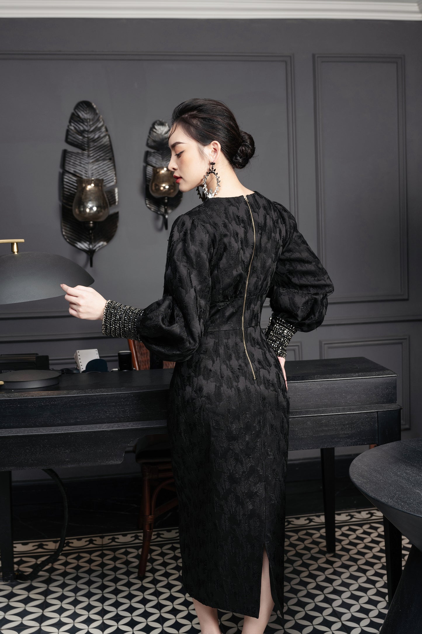 Black Midi Dress with Textured Fabric and Statement Cuffs