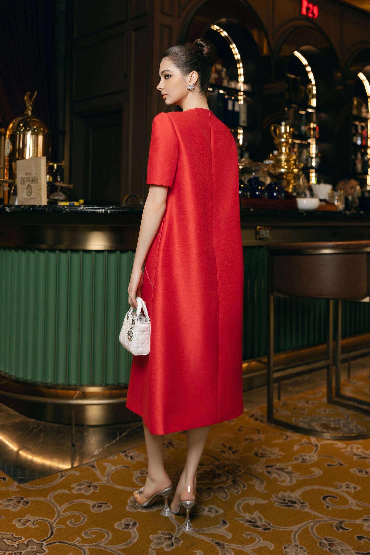 Scarlet Radiance Midi Dress with Crystal Burst Design
