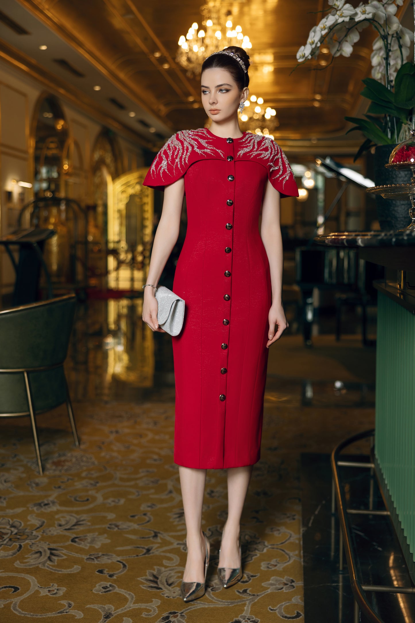 Regal Scarlet Buttoned Midi Dress with Embellished Cape Sleeves