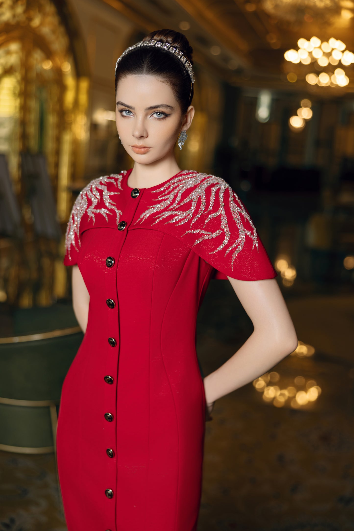 Regal Scarlet Buttoned Midi Dress with Embellished Cape Sleeves