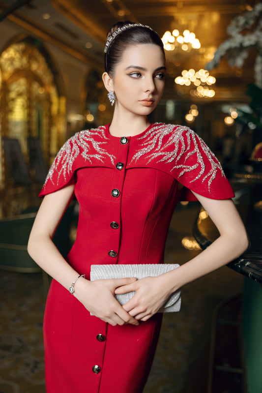 Regal Scarlet Buttoned Midi Dress with Embellished Cape Sleeves