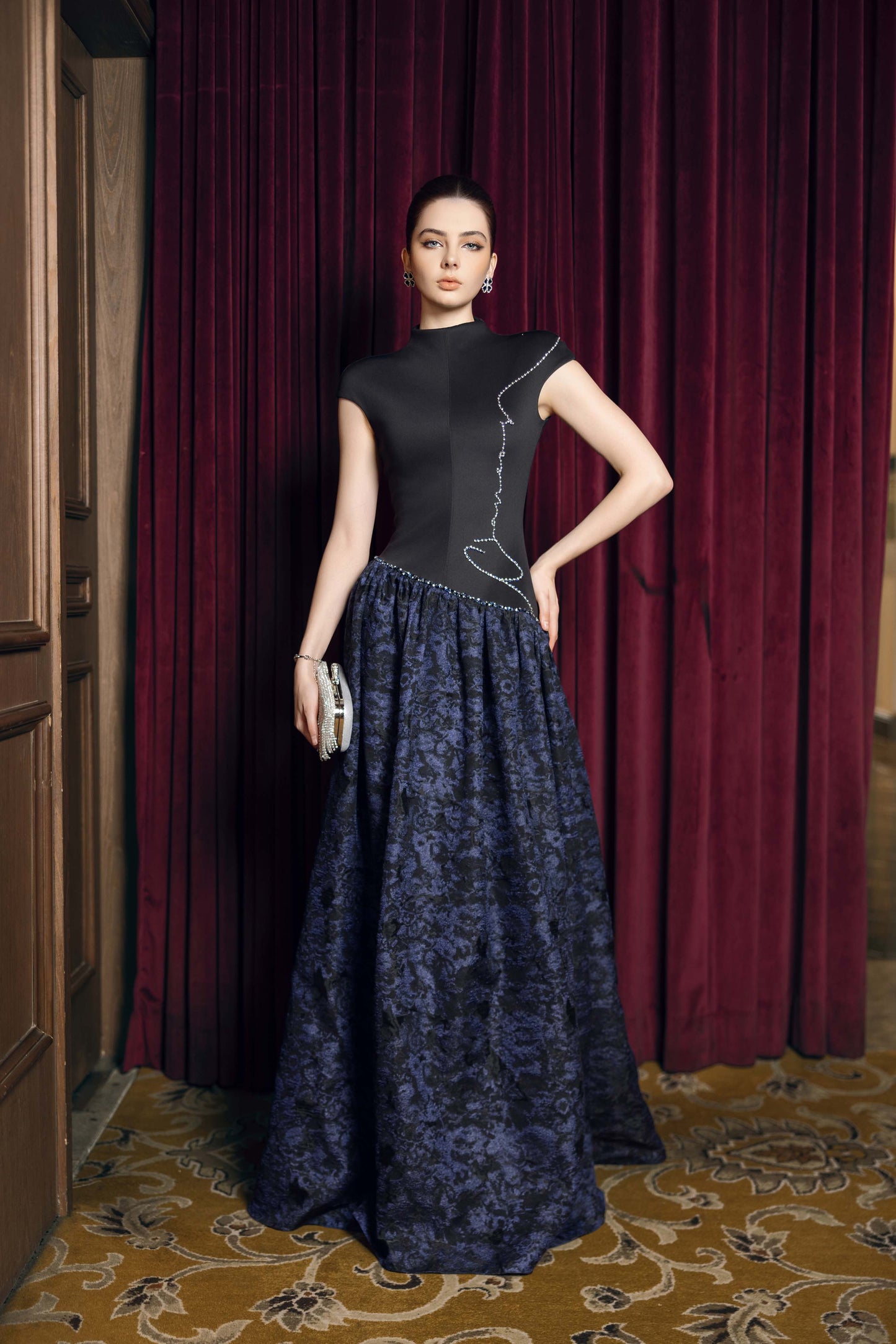 Black and Navy Blue Evening Gown with Rhinestone Embellishments