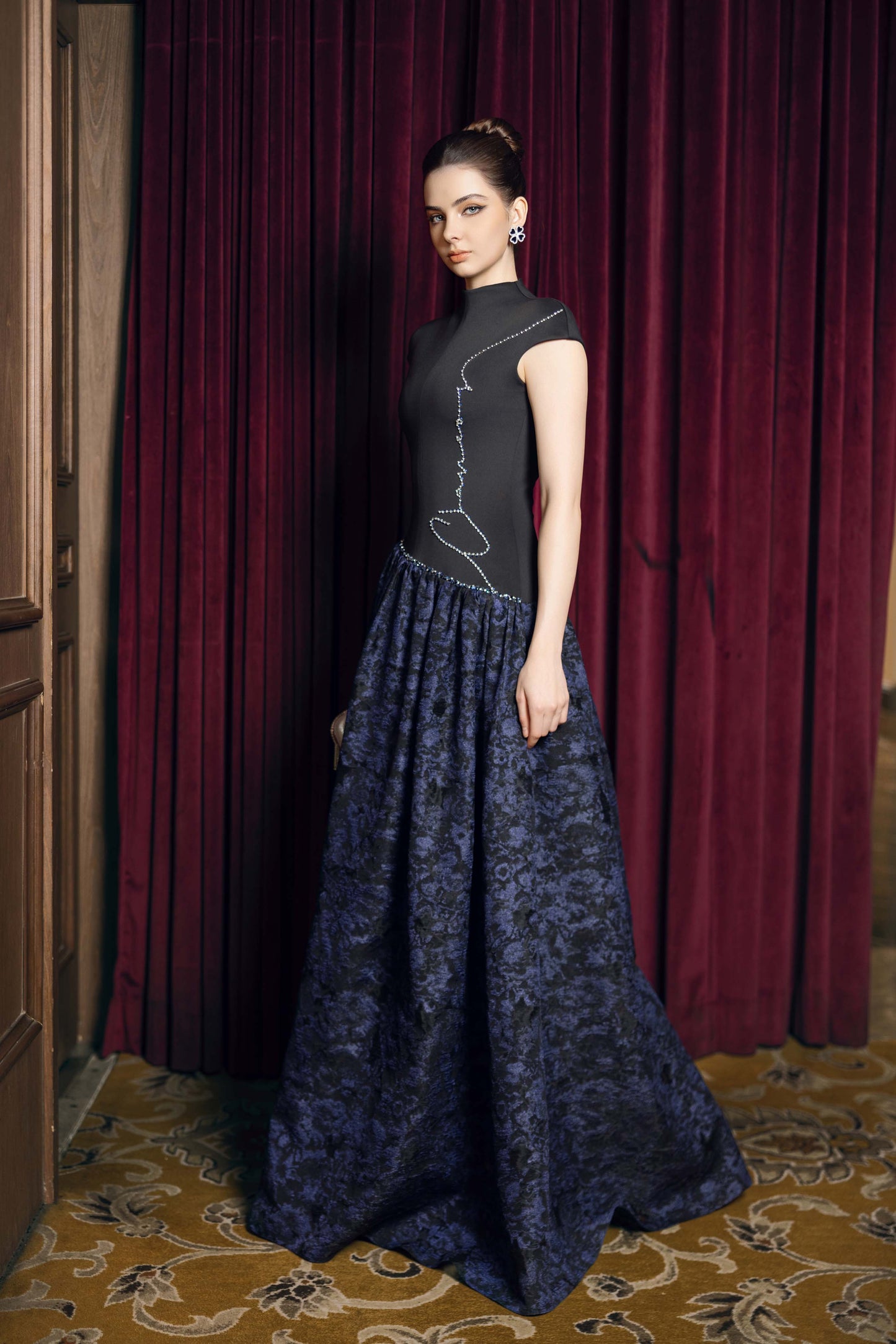 Black and Navy Blue Evening Gown with Rhinestone Embellishments