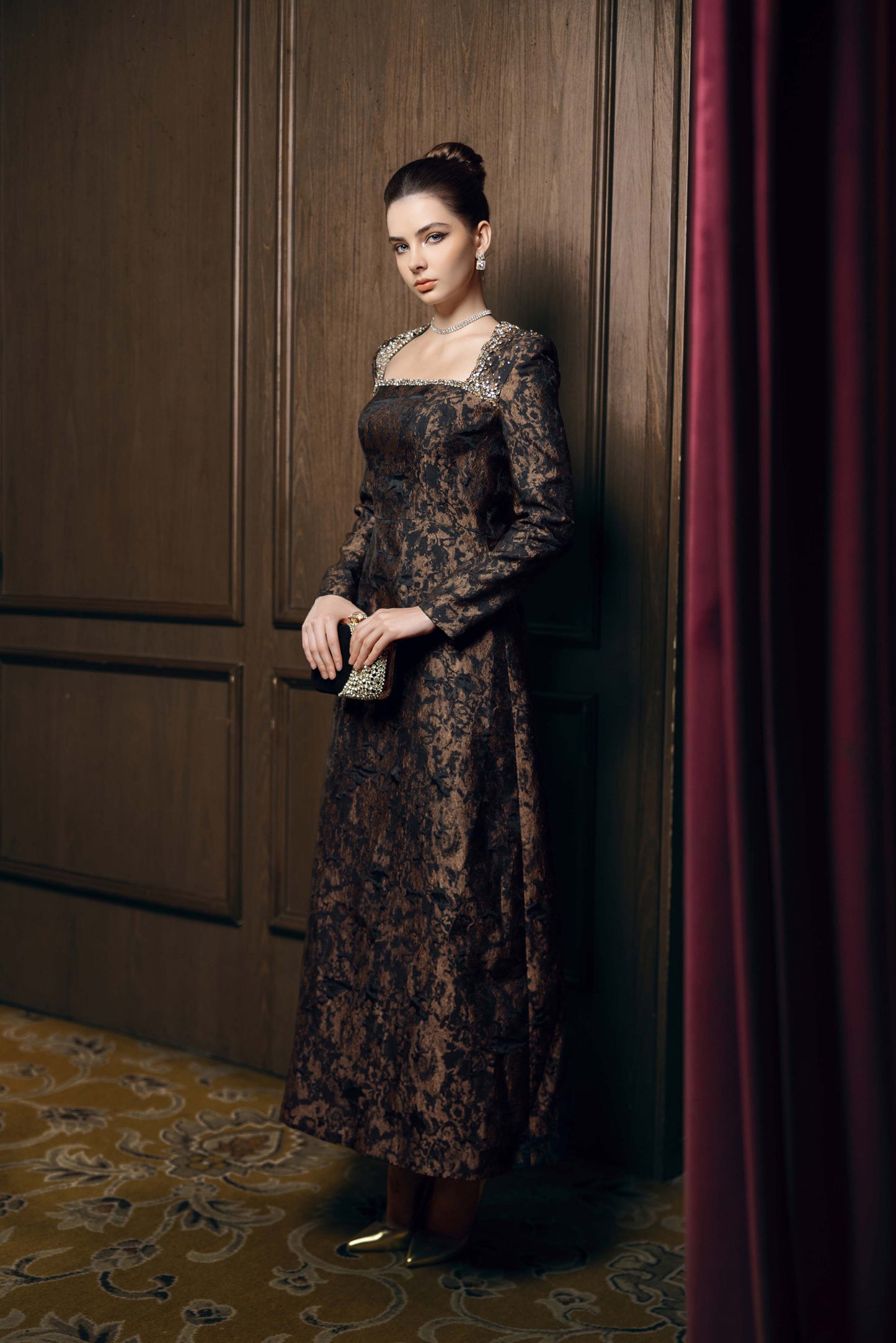 Long-Sleeve Jacquard Evening Dress with Embellished Square Neckline