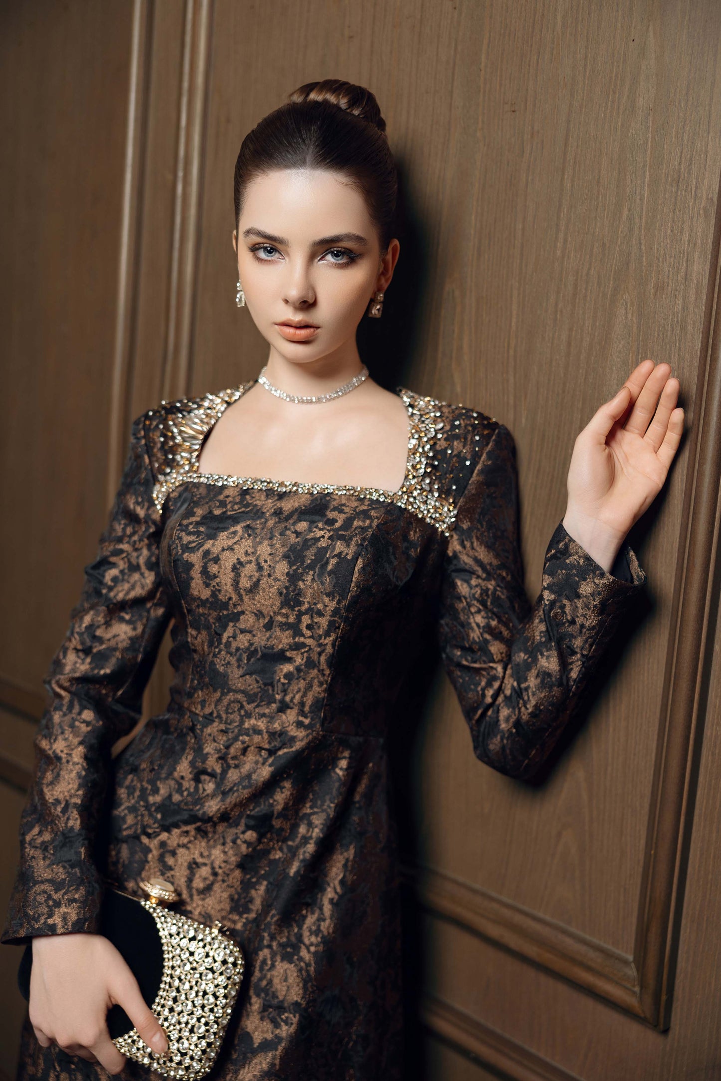 Long-Sleeve Jacquard Evening Dress with Embellished Square Neckline