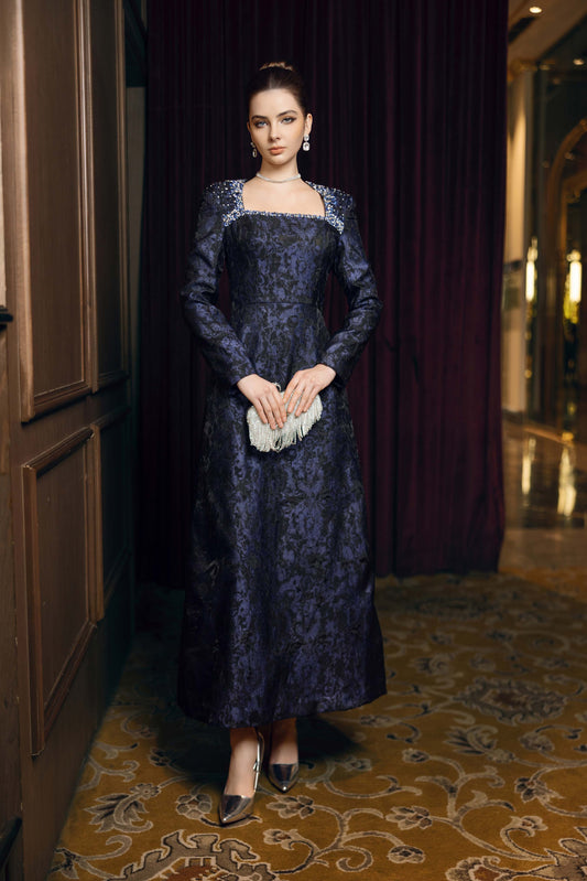 Long-Sleeve Jacquard Evening Dress with Embellished Square Neckline