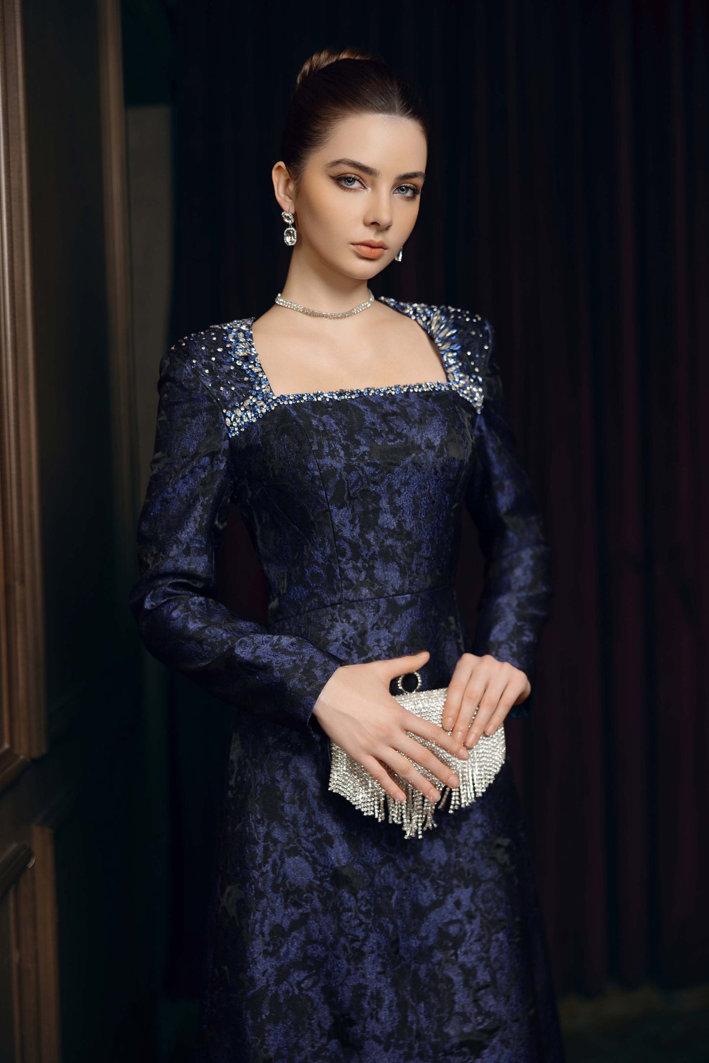 Long-Sleeve Jacquard Evening Dress with Embellished Square Neckline