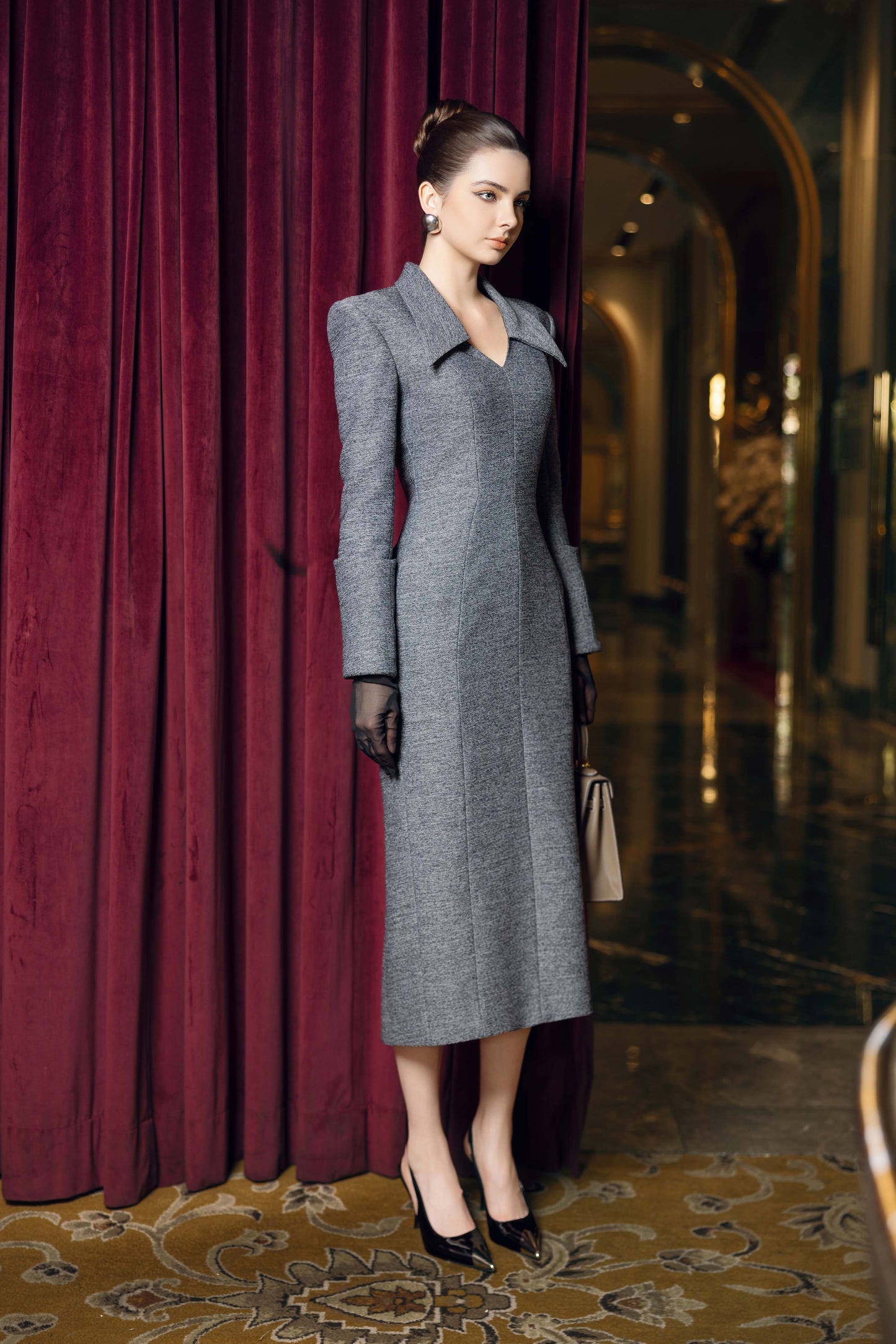 Gray Wool Midi Dress with Structured Shoulders