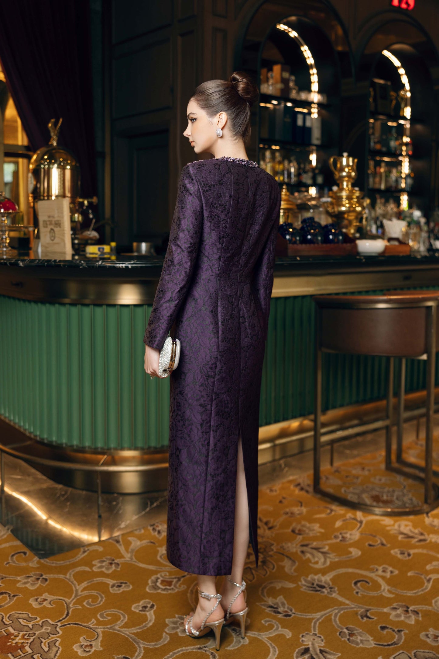 Plum Lace Evening Dress with Crystal Accents