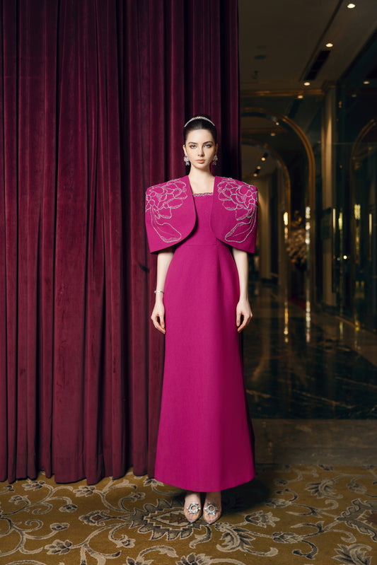 Magenta Evening Gown with Embellished Detachable Capelet