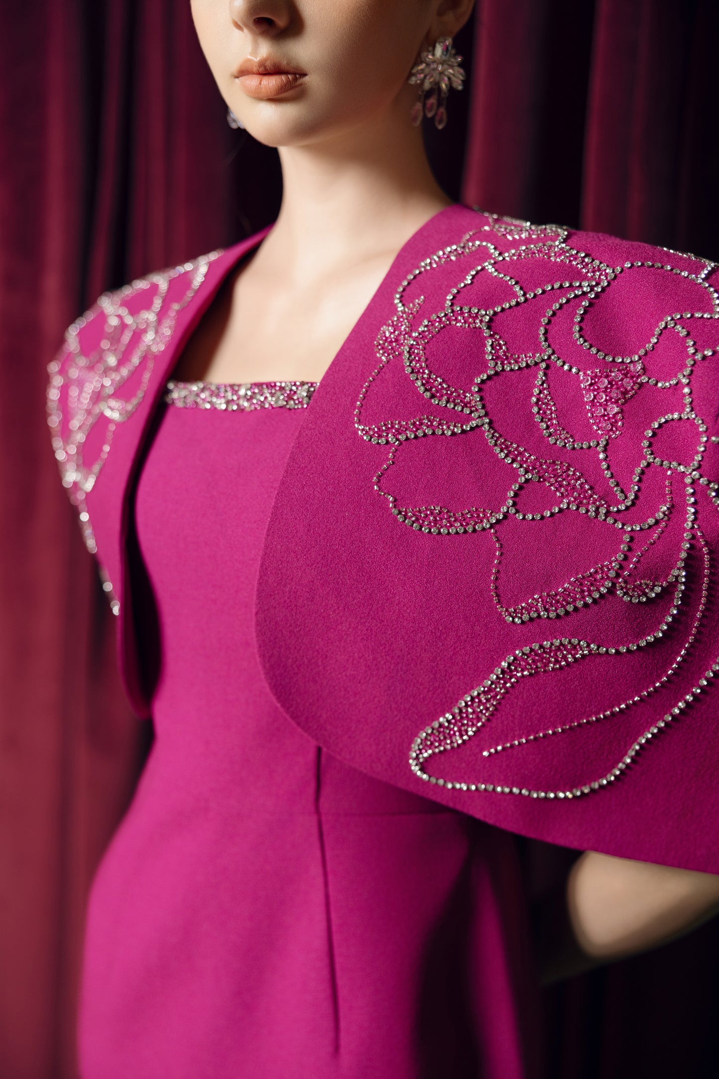 Magenta Evening Gown with Embellished Detachable Capelet