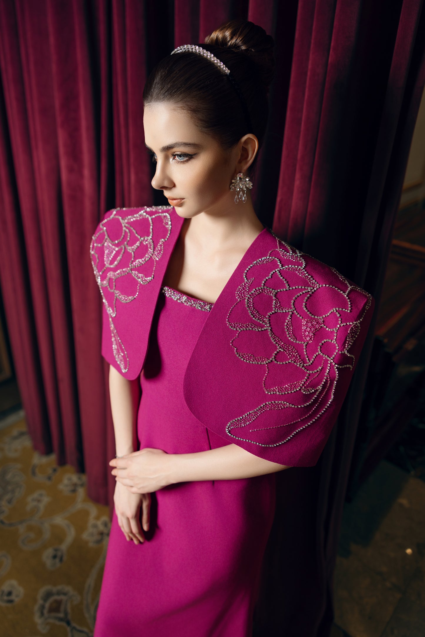 Magenta Evening Gown with Embellished Detachable Capelet