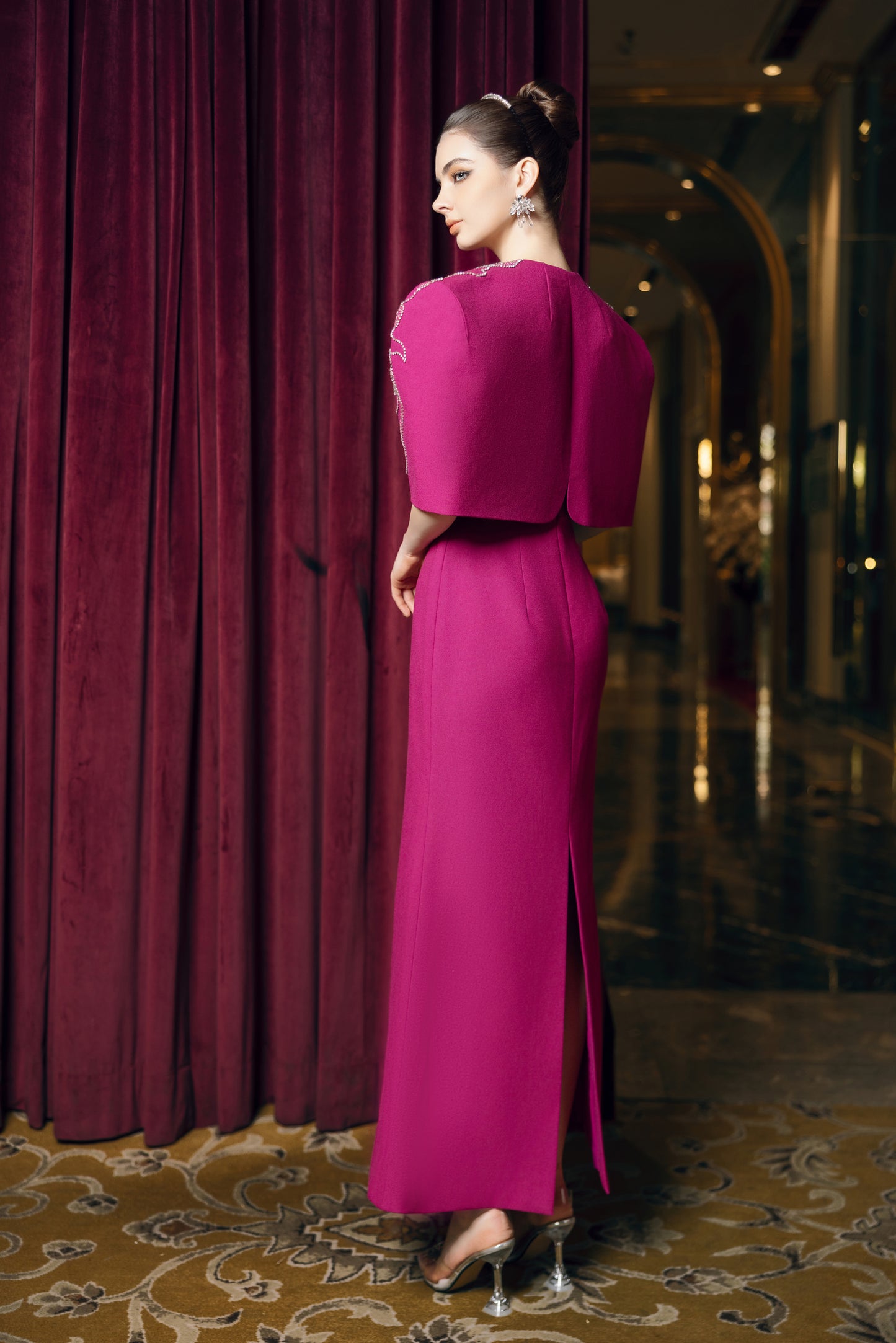 Magenta Evening Gown with Embellished Detachable Capelet