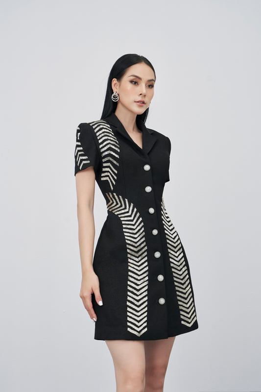 Black Blazer Dress with Silver Chevron Embroidery and Button Front