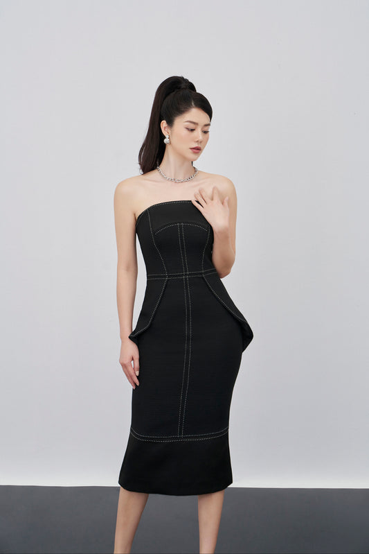 Black Strapless Midi Dress with Structured Design