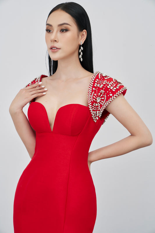 Red Evening Dress with Beaded Cap Sleeves and Front Slit