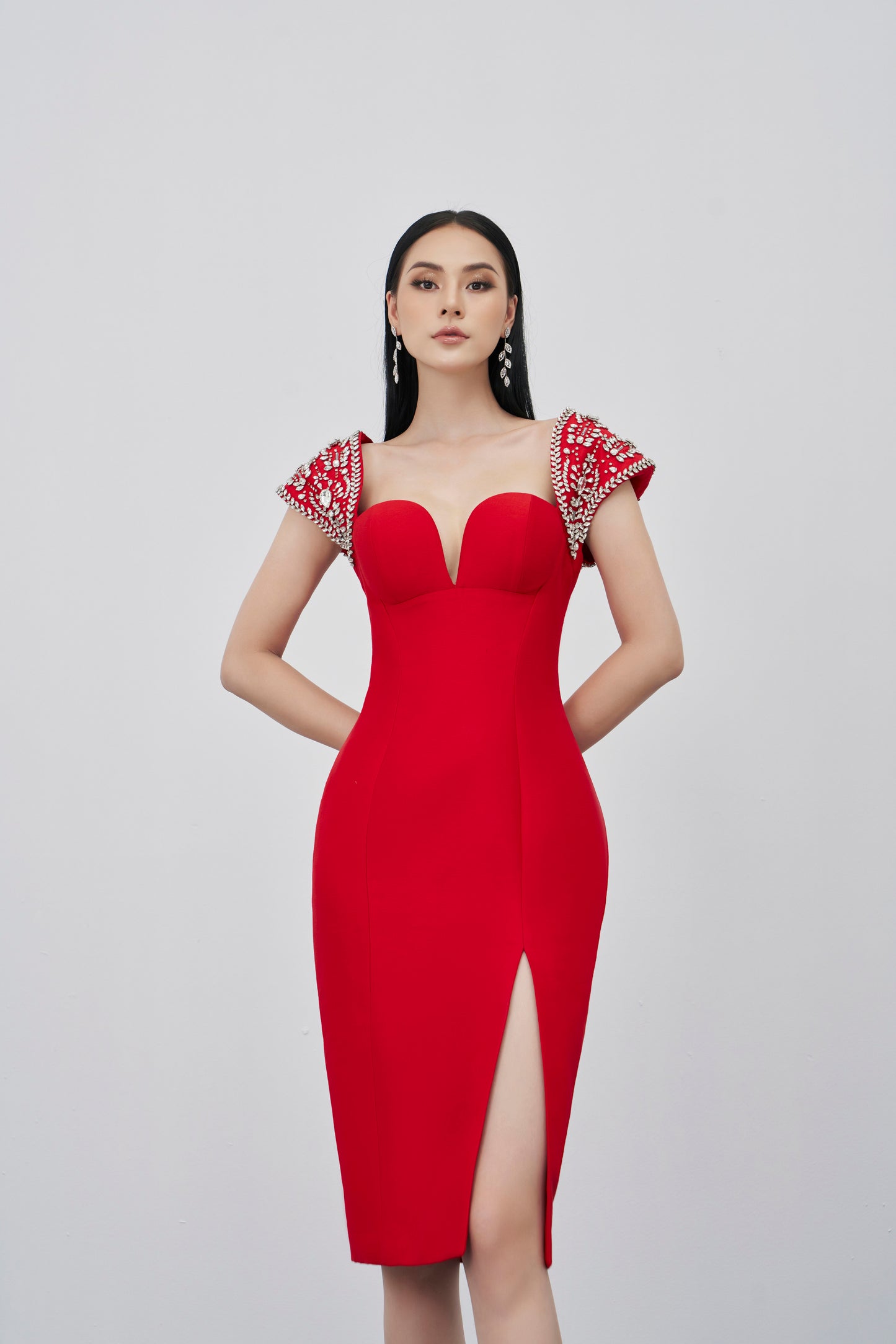 Red Evening Dress with Beaded Cap Sleeves and Front Slit