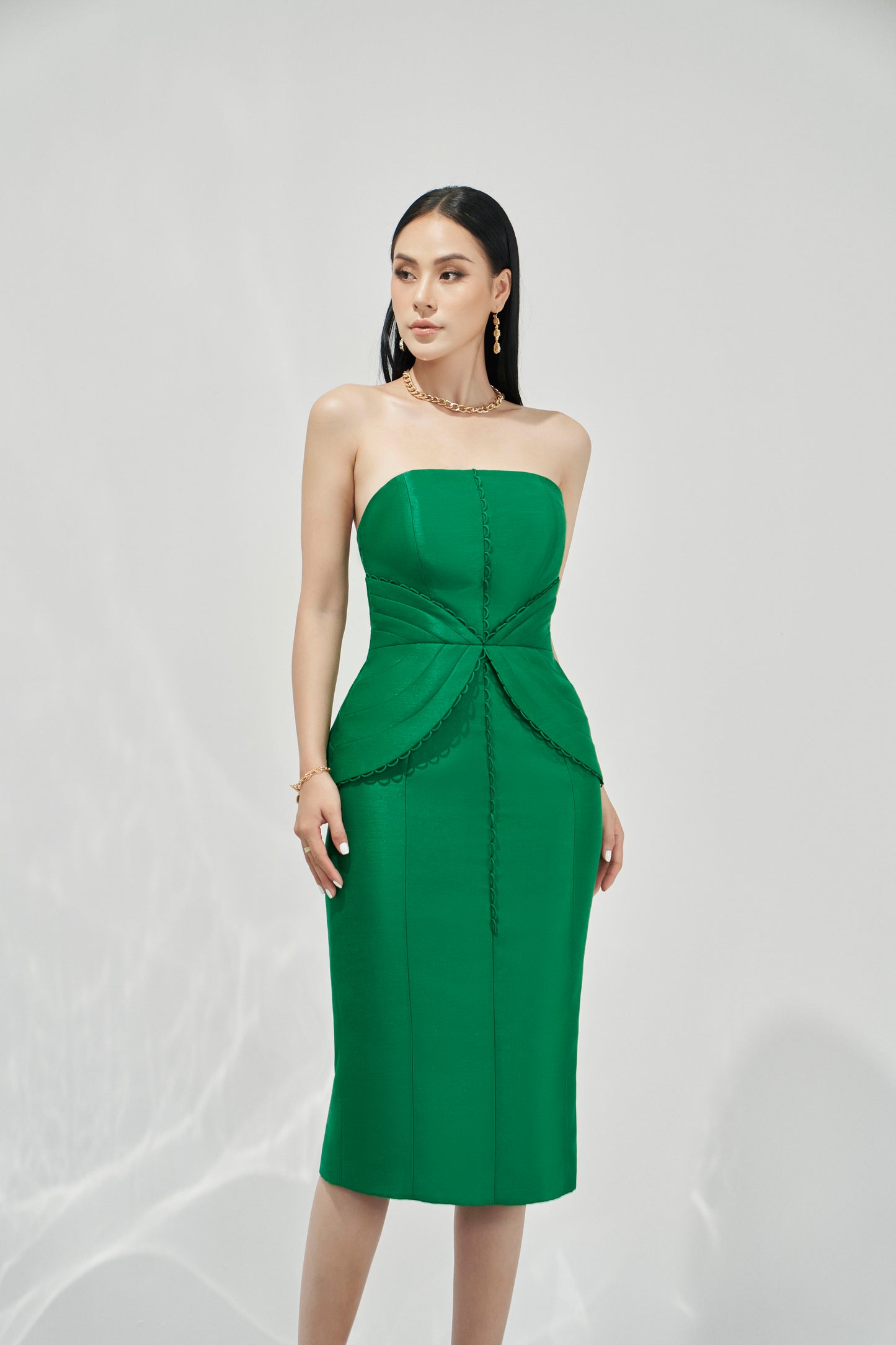 Strapless Emerald Green Bodycon Midi Dress with Layered Detail