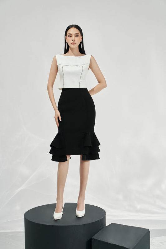 Black and White Ruffle Hem Pencil Skirt and Crop Top Set