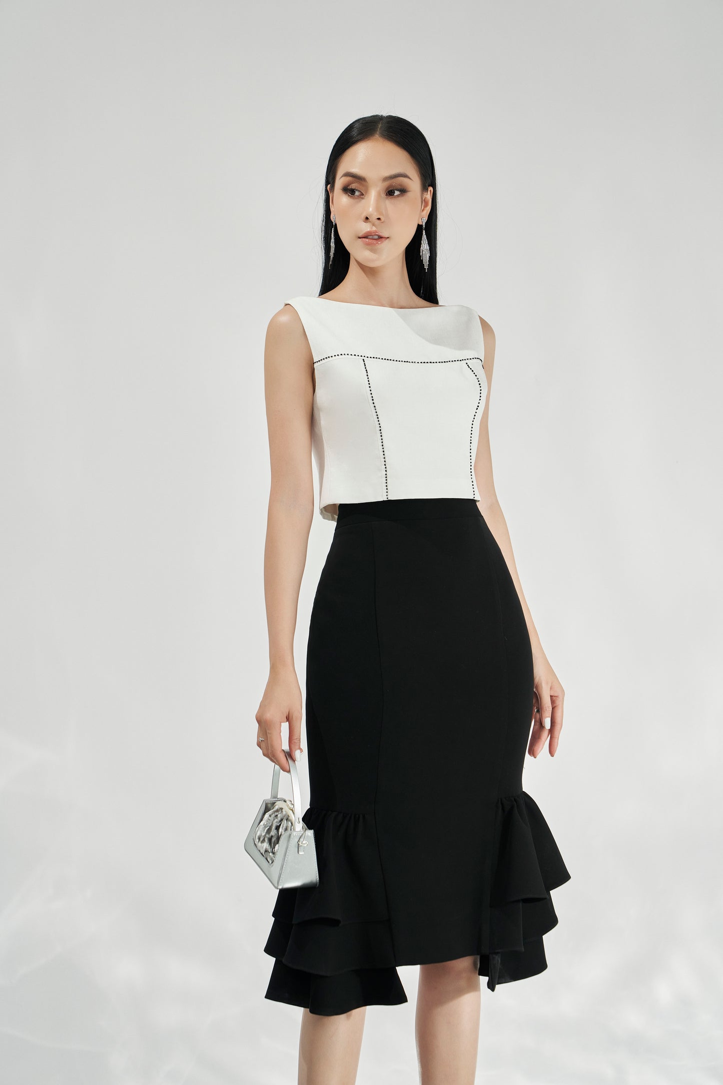 Black and White Ruffle Hem Pencil Skirt and Crop Top Set