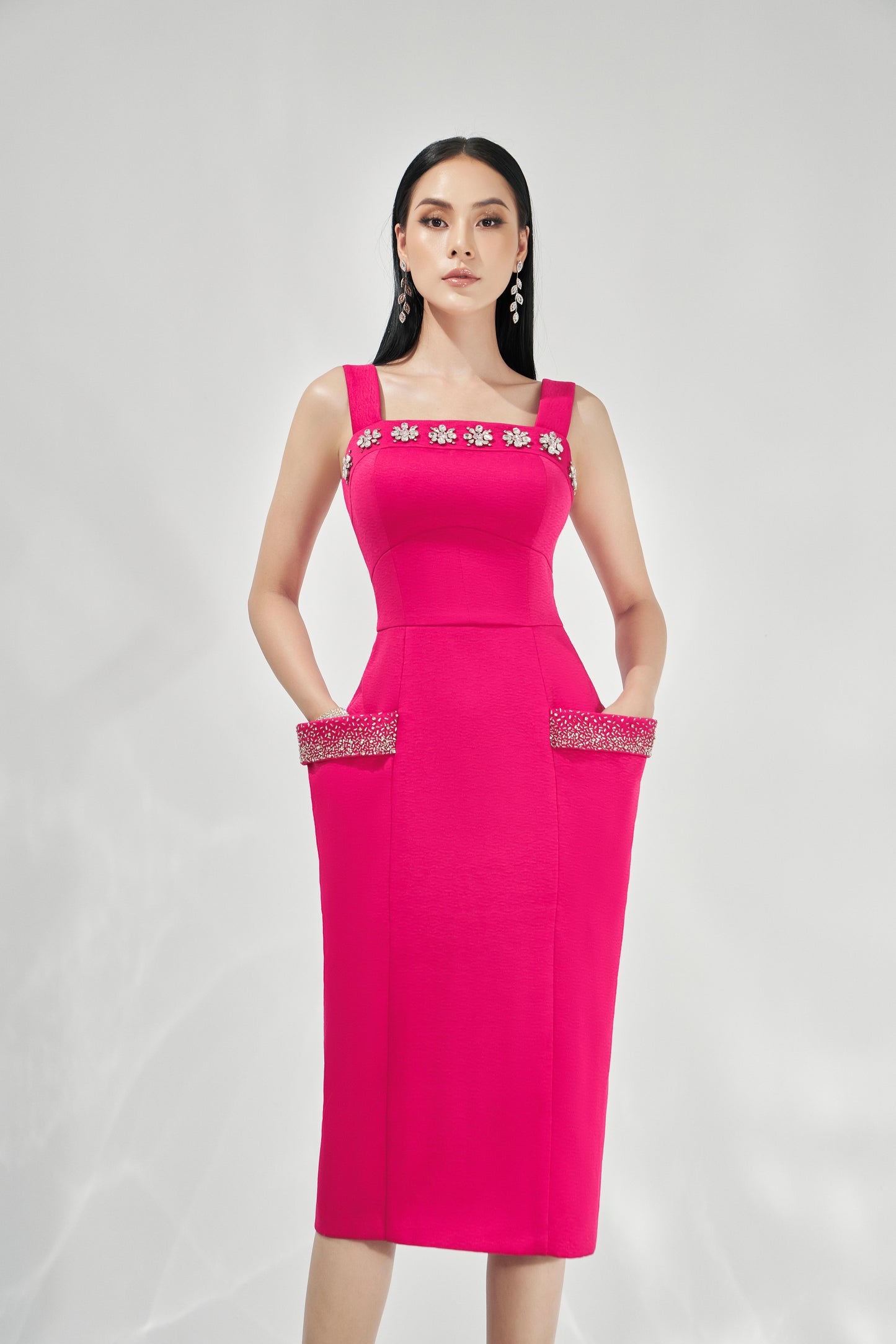 Fuchsia Sleeveless Midi Dress with Floral Embellishments