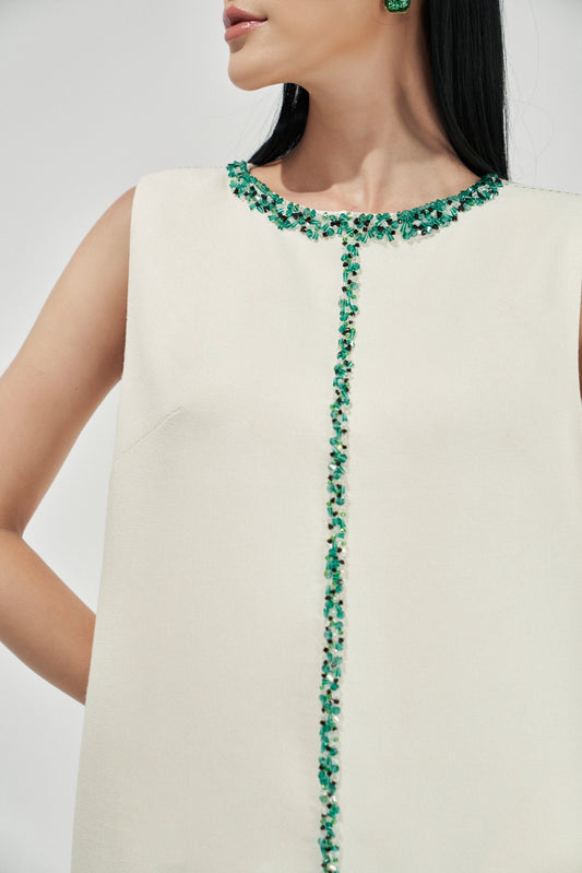 Sleeveless White Shift Dress with Green Gemstone Embellishments