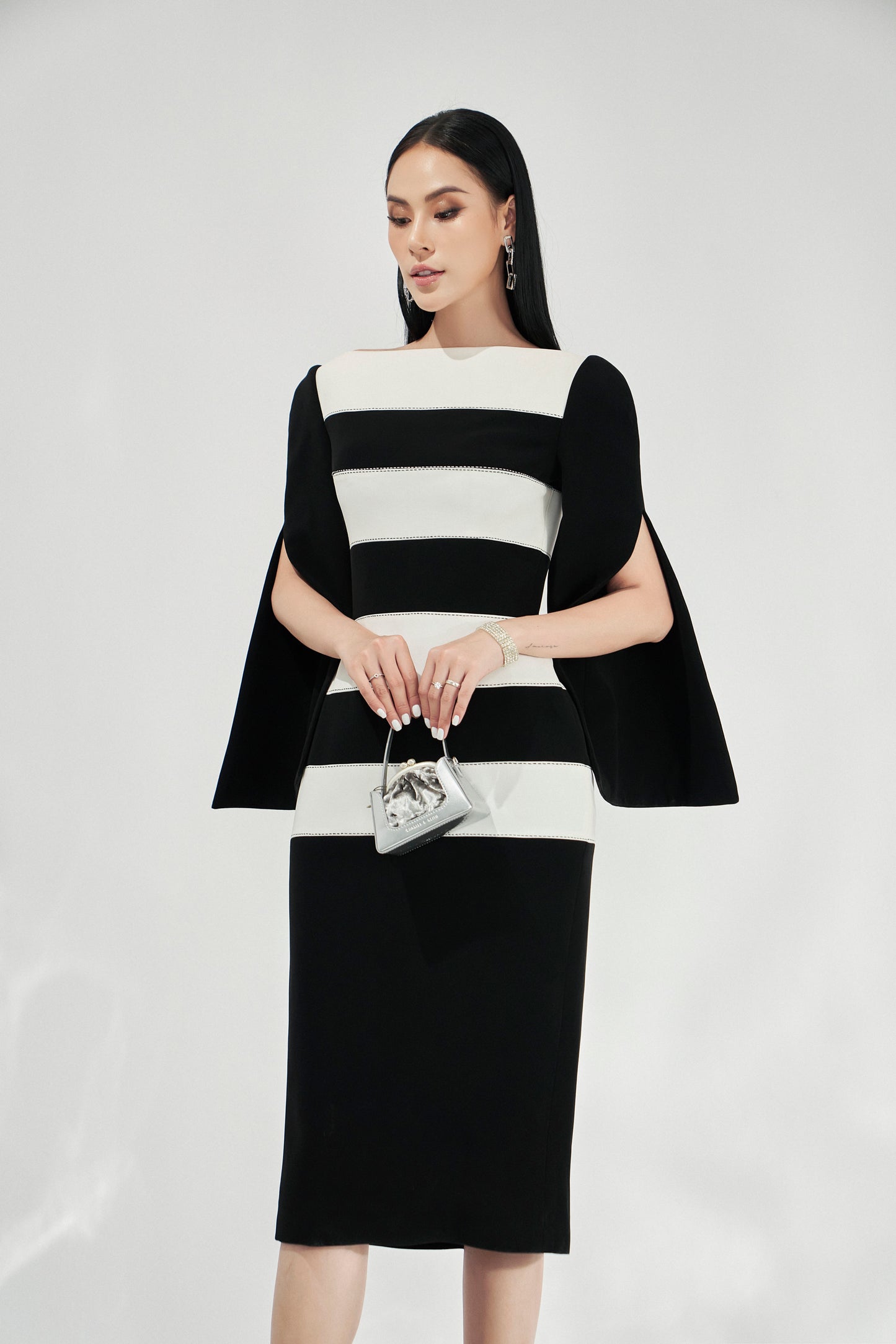 Black and White Striped Cape Sleeve Dress